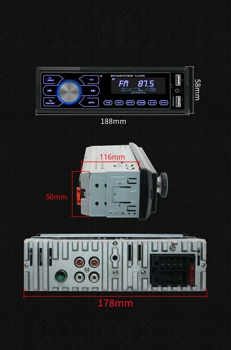 Автомагнитола 1 дин, автомобильная магнитола с сенсорными кнопками, автомагнитола с блютуз, 2 USB, AUX на передней панели, подсветка