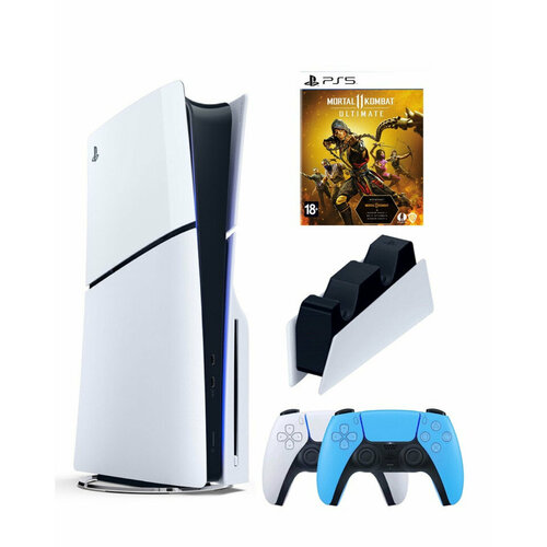 Приставка Sony Playstation 5 slim 1 Tb+2-ой геймпад(голубой)+зарядное+Mortal Kombat Ultimate игровая консоль sony playstation 5 slim blue ray 1tb white cfi 2000a