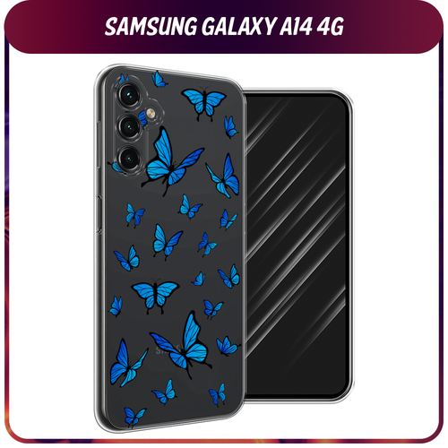 силиконовый чехол зеленоглазый чеширский кот на samsung galaxy a14 5g самсунг галакси a14 5g Силиконовый чехол на Samsung Galaxy A14 4G / Галакси A14 4G Синие бабочки, прозрачный