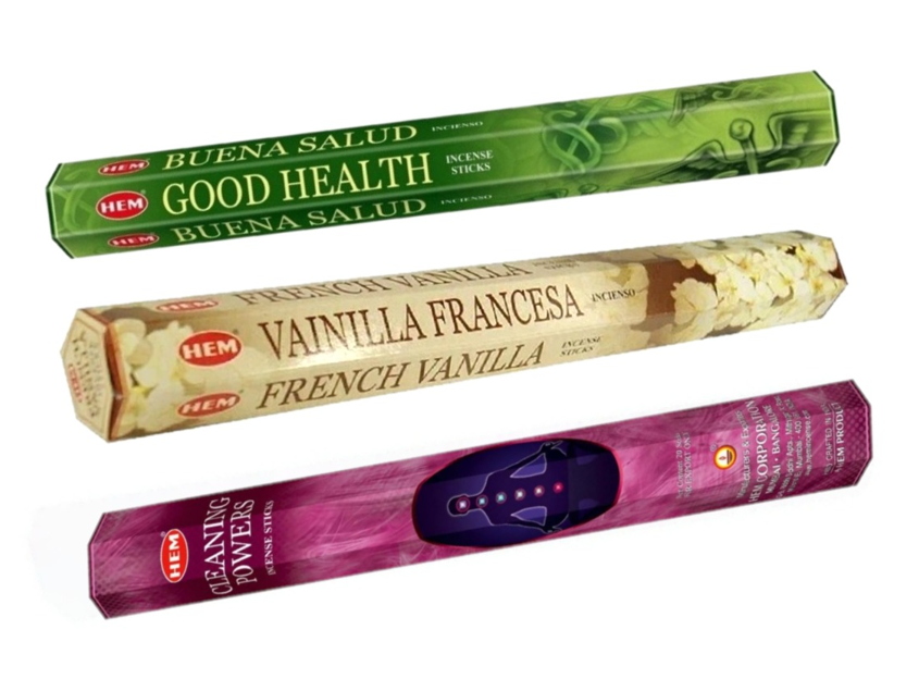 фото Благовония набор HEM шестигранники "Хорошее здоровье, очищающие энергии, французская ваниль" 3 уп. по 20 палочек
