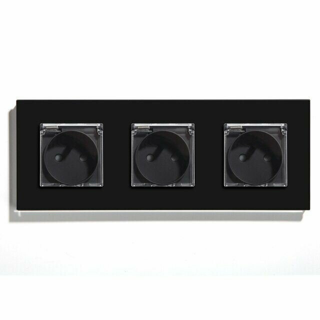 Розетка c крышкой, IP44 3 поста 16А, рамка 228х86мм пластик, цвет черный