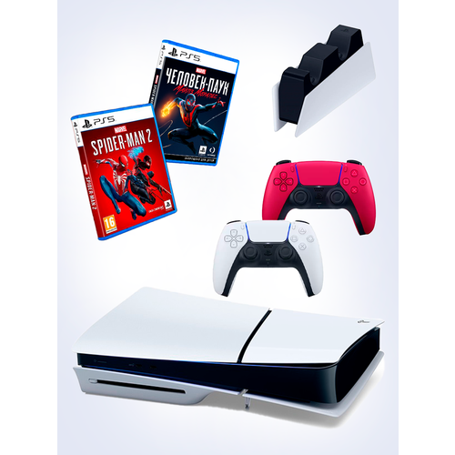 PS5 (ПС5) Игровая приставка Sony PlayStation 5 Slim disc +2-й геймпад (красный) +зарядное + игра Spider-Man2 + игра Marvel Человек паук