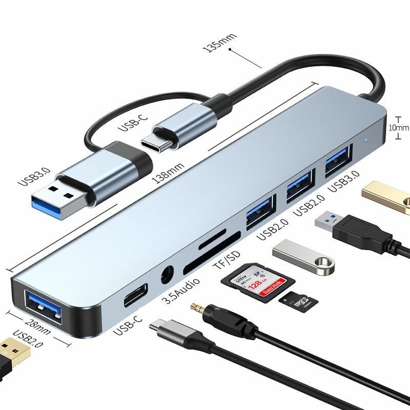 Разветвитель USB-C и USB для неограниченных возможностей подключения и высокоскоростной передачи: воспользуйтесь удобной док-станцией 8-в-1. USB 3.0 SD/TF USB-C разъем для наушников