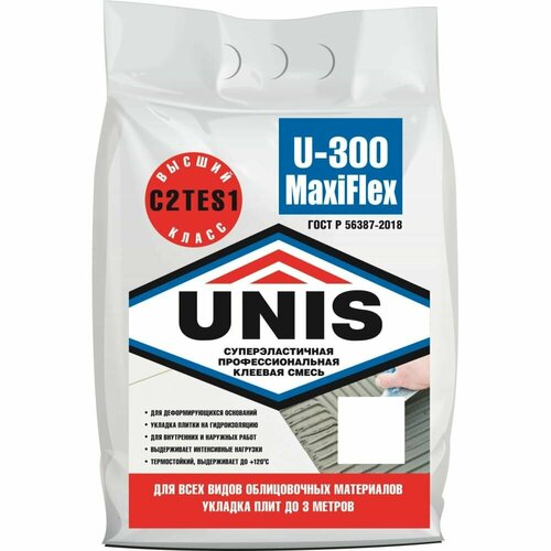 Плиточный клей UNIS U-300 MAXIFLEX эластичный армированный в мешке, 5кг клей unis u 300 maxiflex суперэластичный плиточный 5 кг