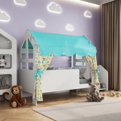 Кровать детская домик с текстилем (Вход справа, бирюзовый, с жирафиками) "Сладкий сон"