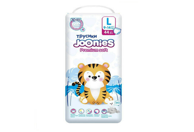 Joonies Подгузники-трусики Premium Soft размер L, 9-14 кг, 44 штуки в упаковке/