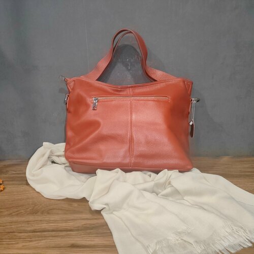 Сумка шоппер , фактура матовая, гладкая, коричневый, коралловый