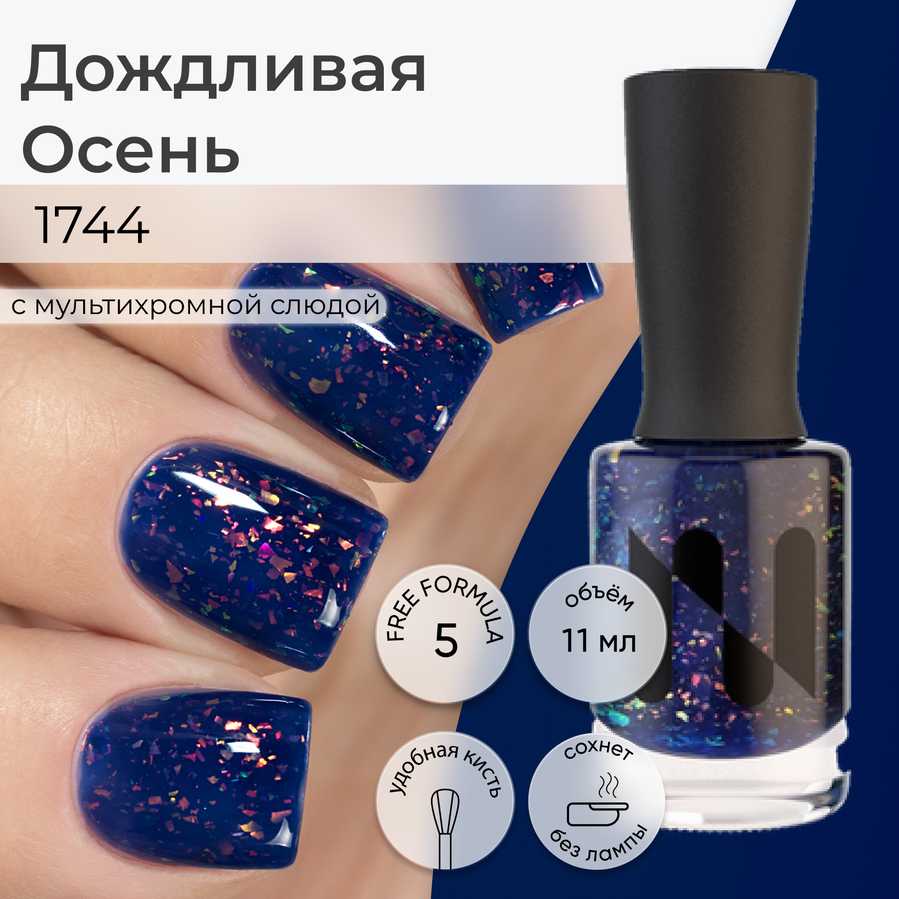 Лак для ногтей Дождливая Осень, темный синий с мультихромной слюдой, 11 мл
