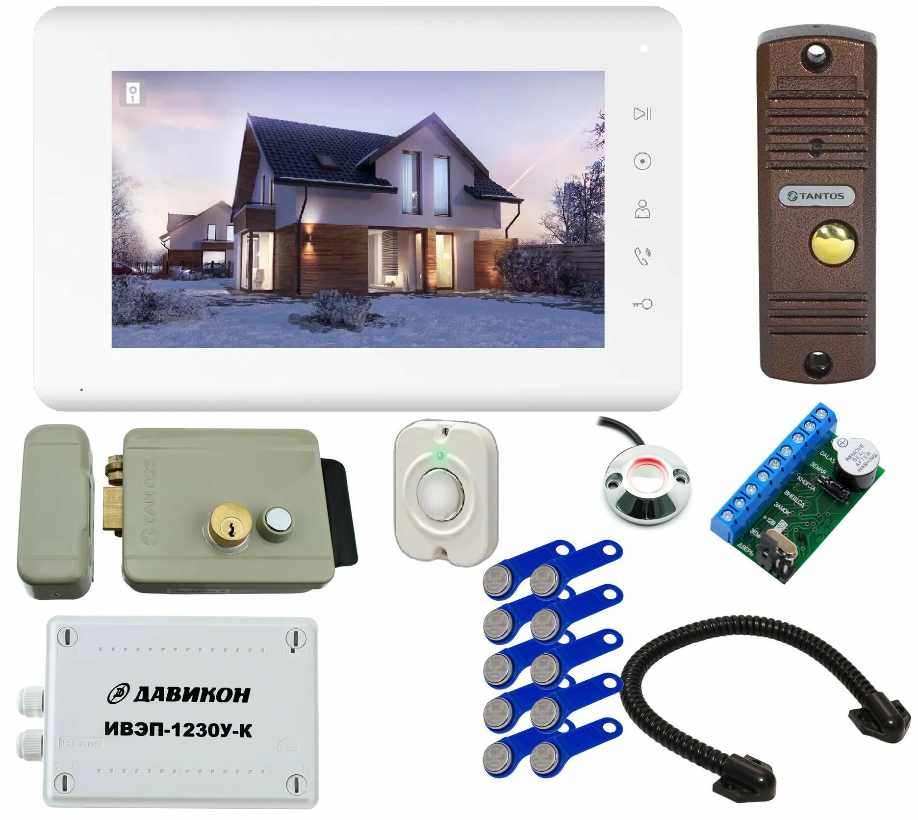 Комплект видеодомофона Tantos Mia Kit для дома с замком считывателем кнопкой выхода и ключами TM / на калитку