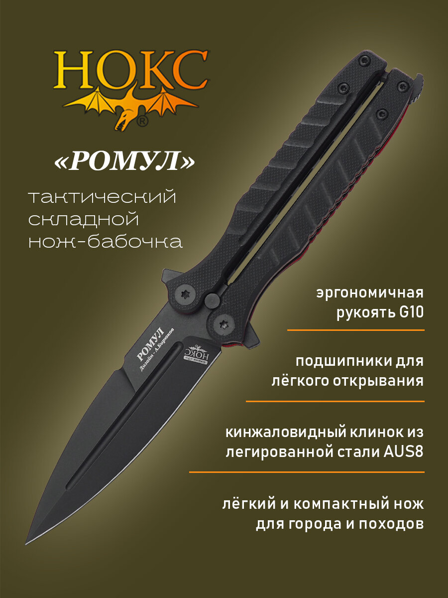 Нож складной нокс 205-787401 (Ромул), современная бабочка, сталь AUS8, титановое покрытие