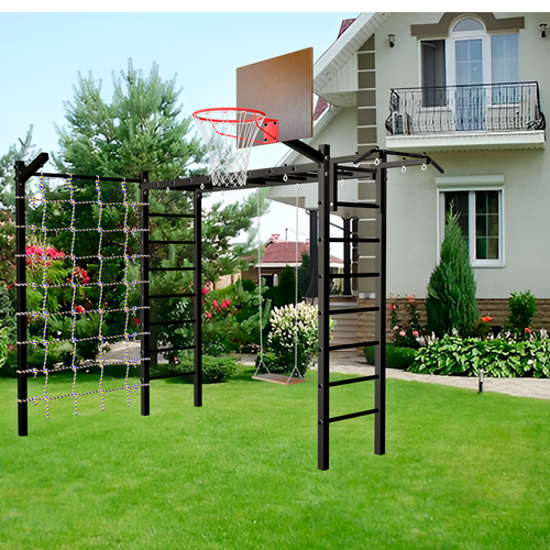 Уличная шведская стенка Sv Sport рукоход с комплектом турник прямой и сеткой У5295К (ступени Чёрные)