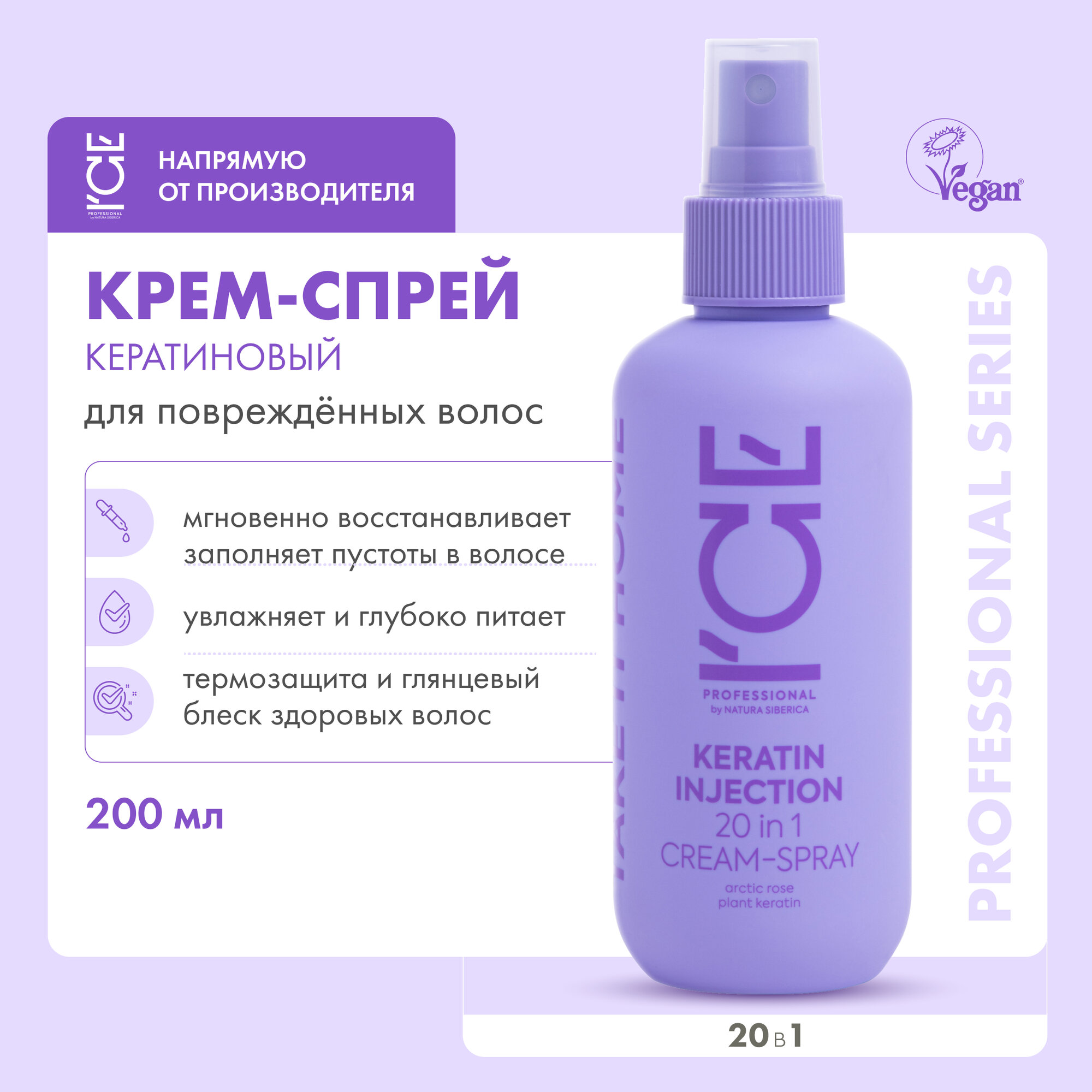 Кератиновый спрей для поврежденных волос 20 в 1 Keratin Injection ICE Professional by Natura Siberica, Take It Home, 200 мл