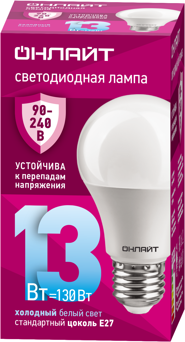 Светодиодная лампа онлайт 90 402 (PRO 90-240 В), 13 Вт, груша, E27, холодный свет 6500К, упаковка 10 шт.