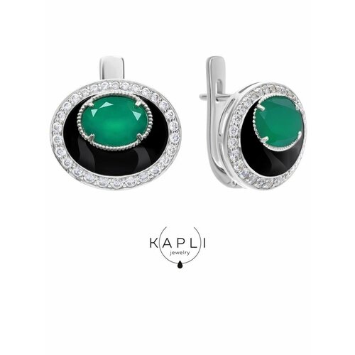 Серьги KAPLI jewelry, серебро, 925 проба, родирование, фианит, размер/диаметр 13 мм, длина 1.6 см, зеленый, серый