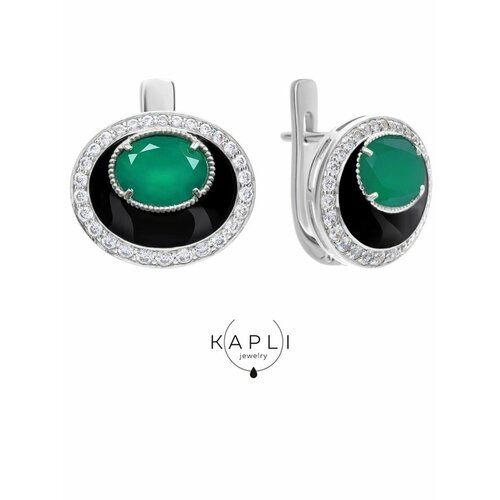 Серьги KAPLI jewelry, серебро, 925 проба, родирование, фианит, размер 13 мм, длина 1.6 см, зеленый, серый