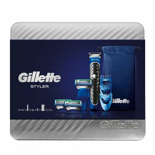 триммер braun mgk5245 бритва gillette Gillette Подарочный набор: Styler Стайлер с 1 кассетой + 3 насадки + 2 кассеты + Сумочка-чехол