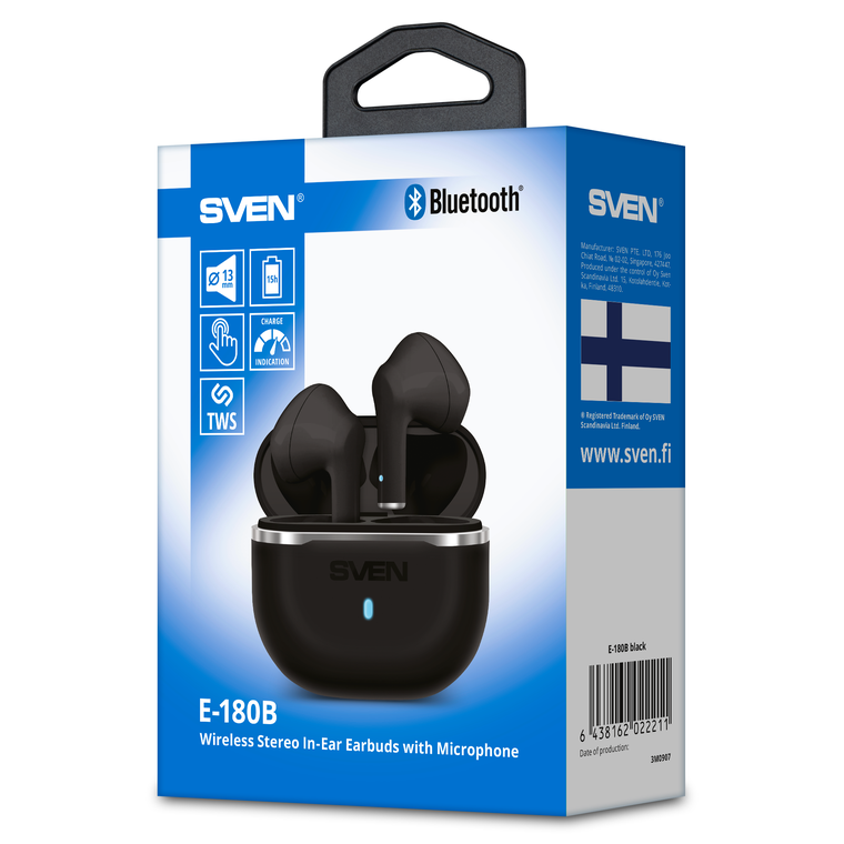 Наушники Sven E-180B беспроводные, вкладыши, с микрофоном, TWS, Bluetooth, чёрный