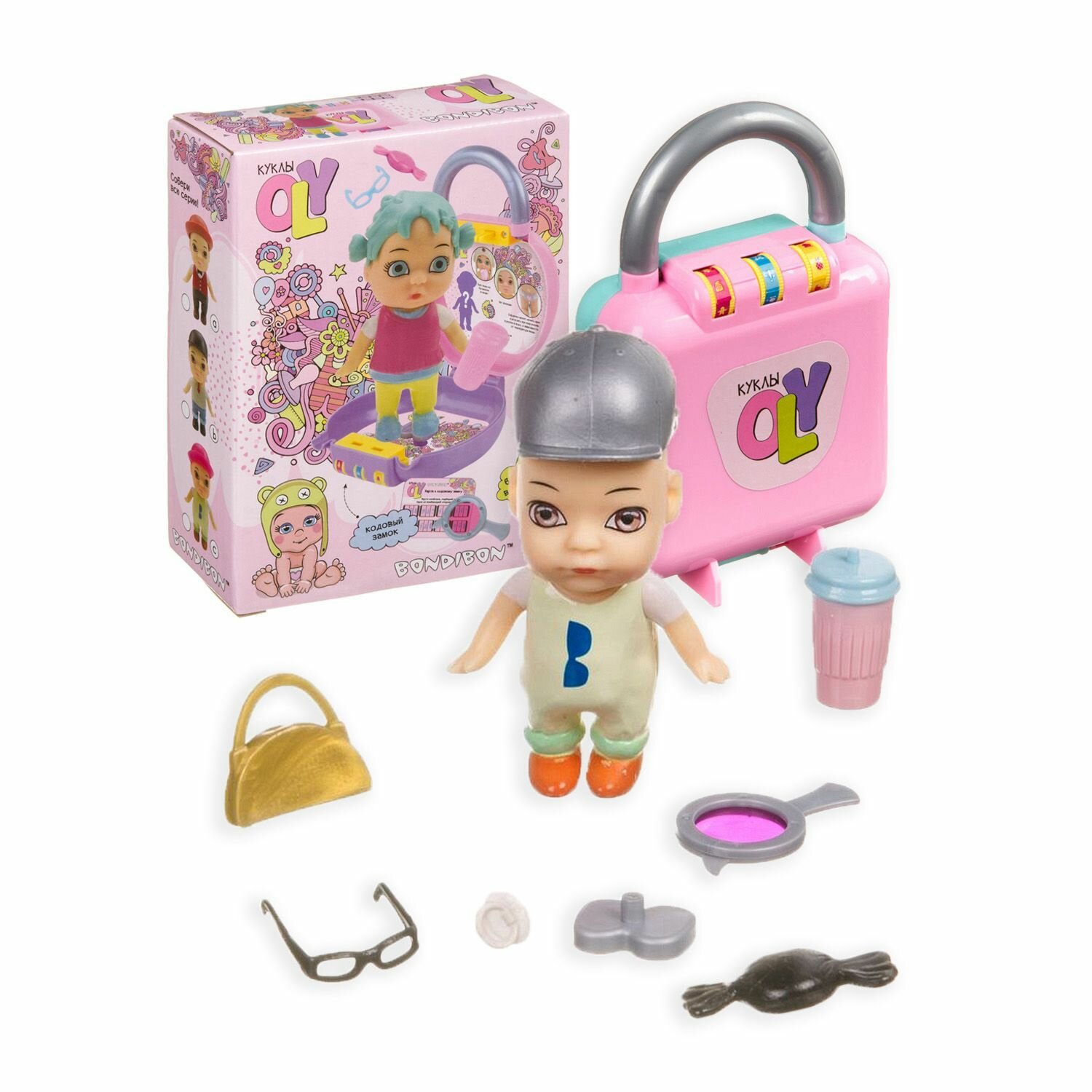 Кукла OLY мальчик-С в кепке/в шляпе и аксессуарами в чемоданчике на кодовом замке BOX 11.7*4,8*16 см