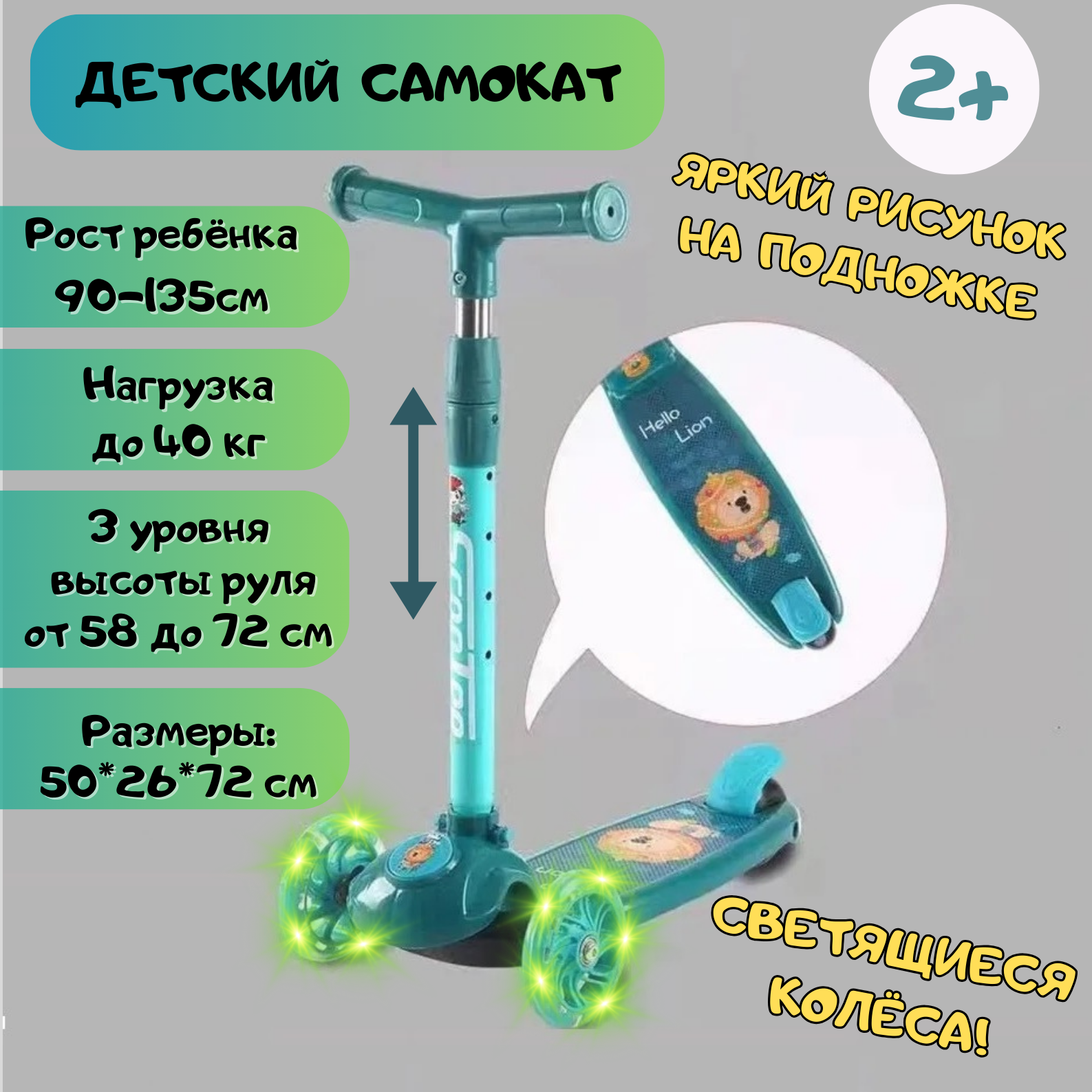 Самокат трехколесный детский со светящимися колесами и рисунком, Привет лев