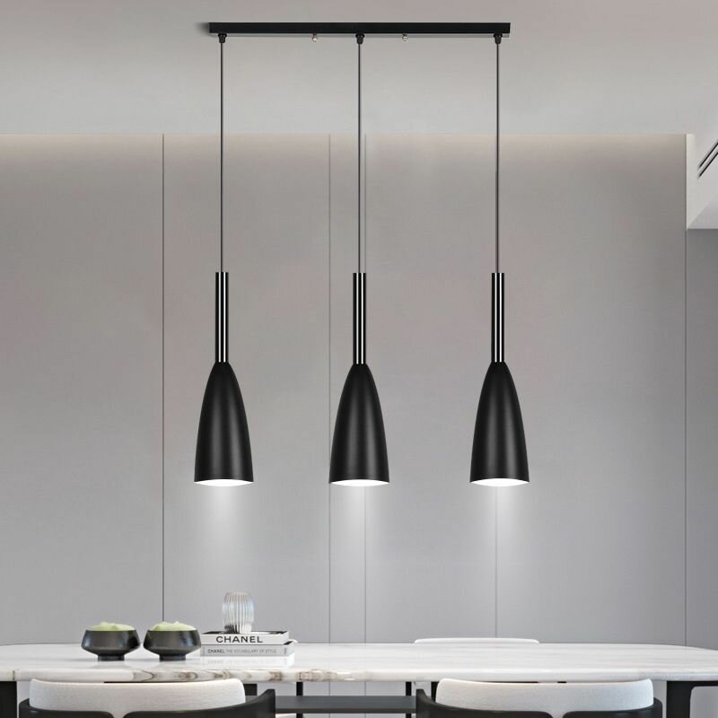 фото Минималистский подвесной светильник, для столовой, длинное основание, черный абажур