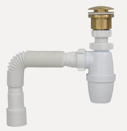 Изображение товара Сифон сливной для раковины и донный клапан универсальный матовое золото КН064