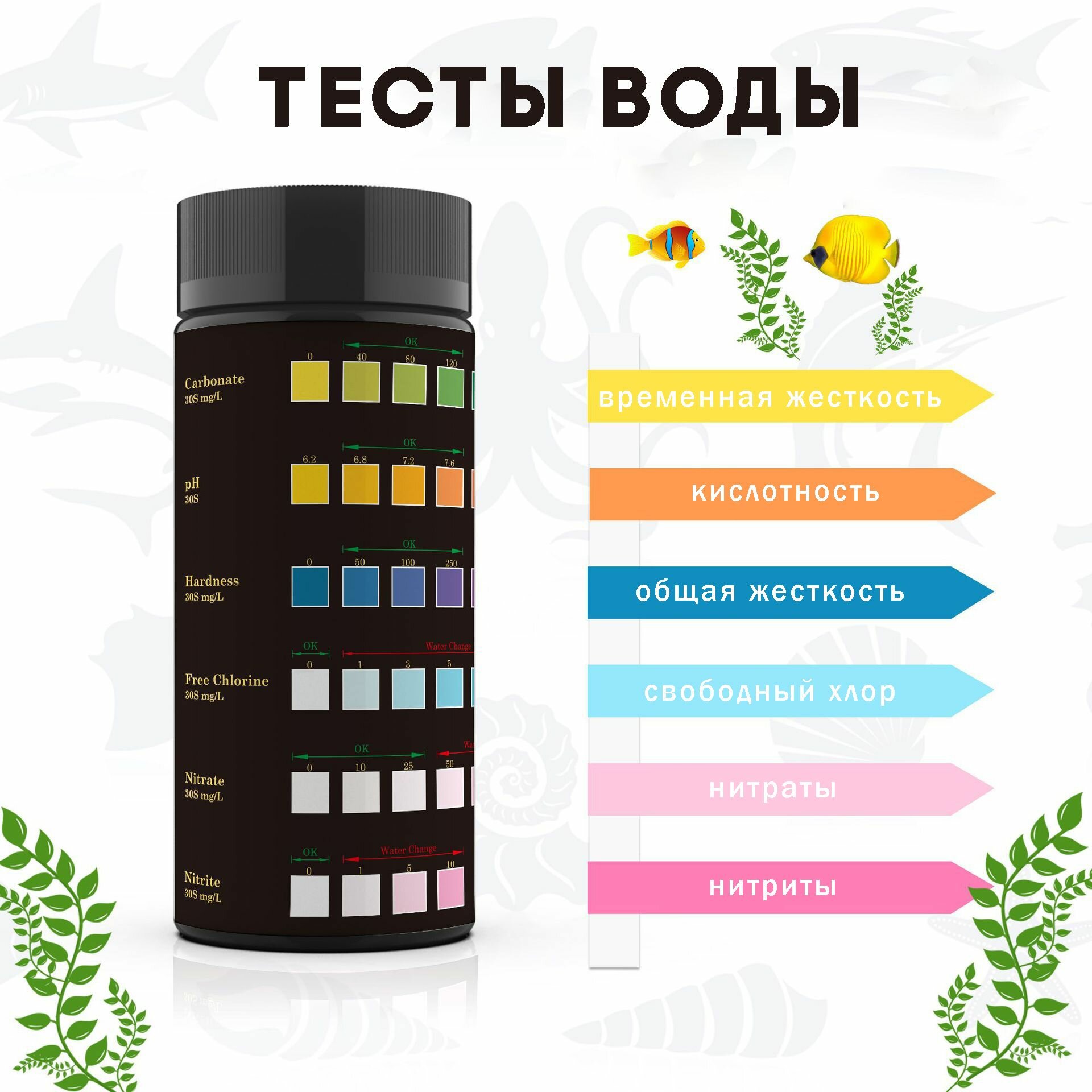 Тест-полоски "AquaTest", для аквариума, для контроля качества воды, 50 шт. — фото 1
