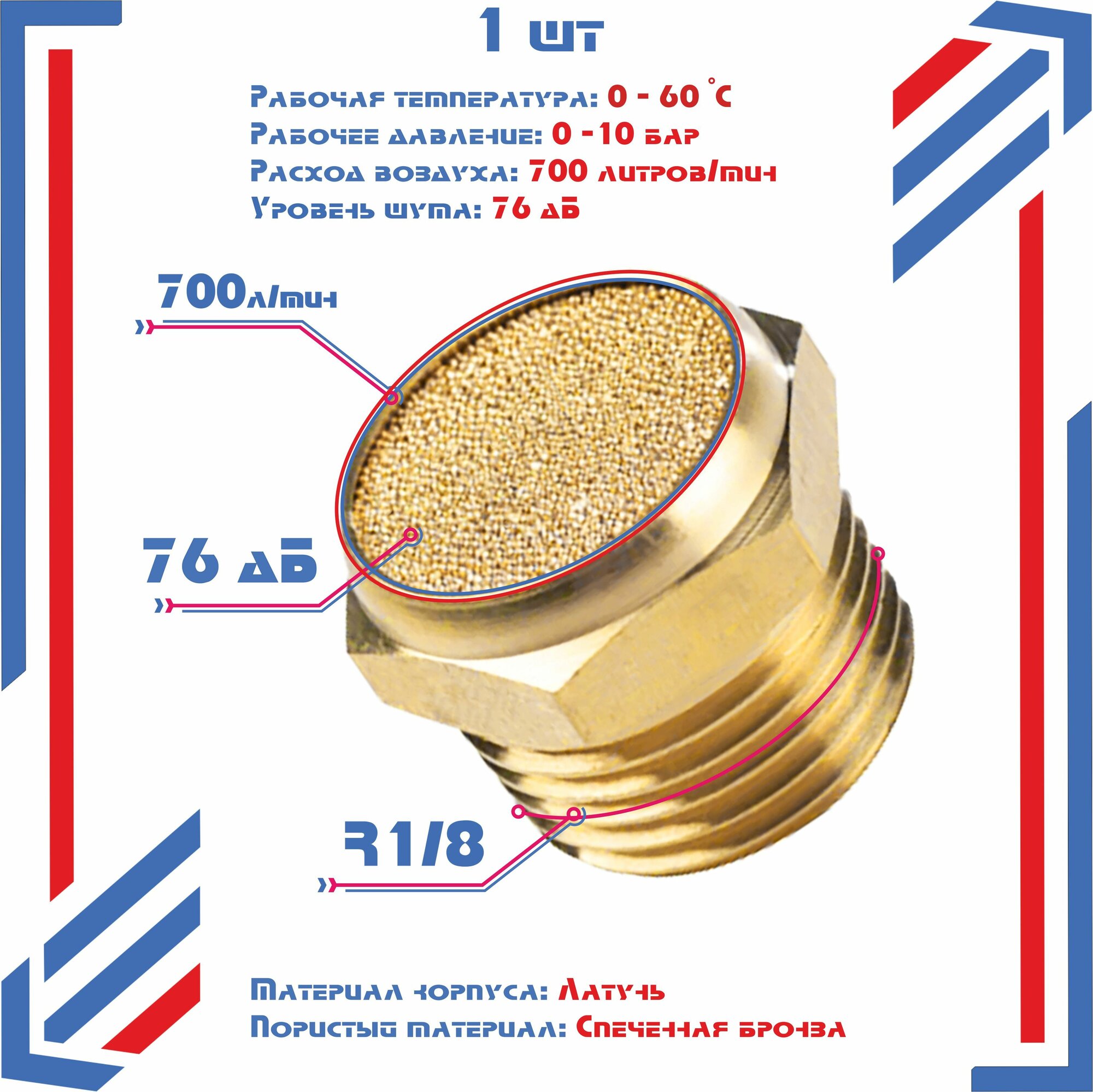 Пневмоглушитель латунный, наружная резьба 1/8, 1шт. Фитинг-глушитель пневматический.