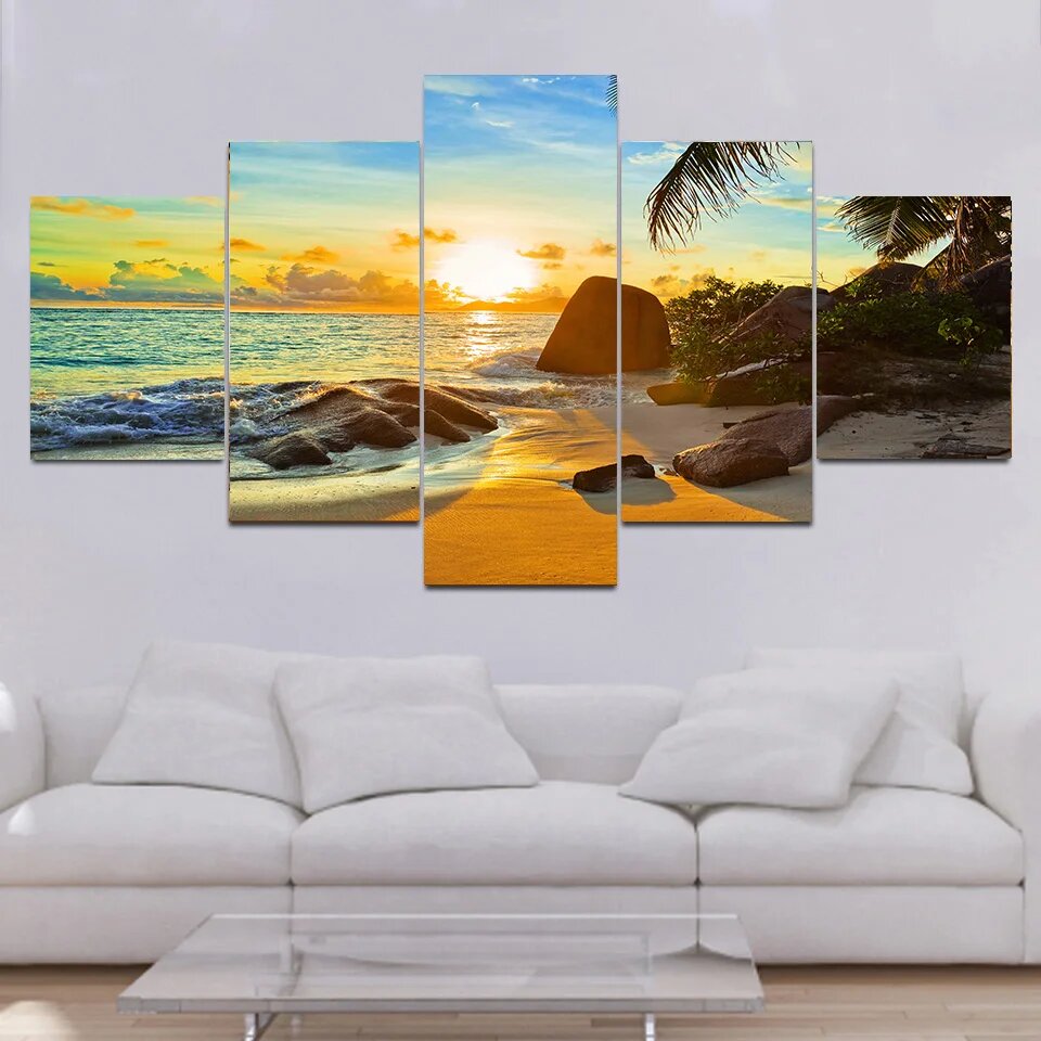 RELIABLI ART 5-Panel Landscape Sunset Beach Print on Canvas, 0529 YCseascape, 10x15 10x20 10x25cm