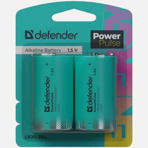 Изображение товара Батарейка алкалиновая Defender PowerPulse LR20-2BL D, блистер, 2 шт.