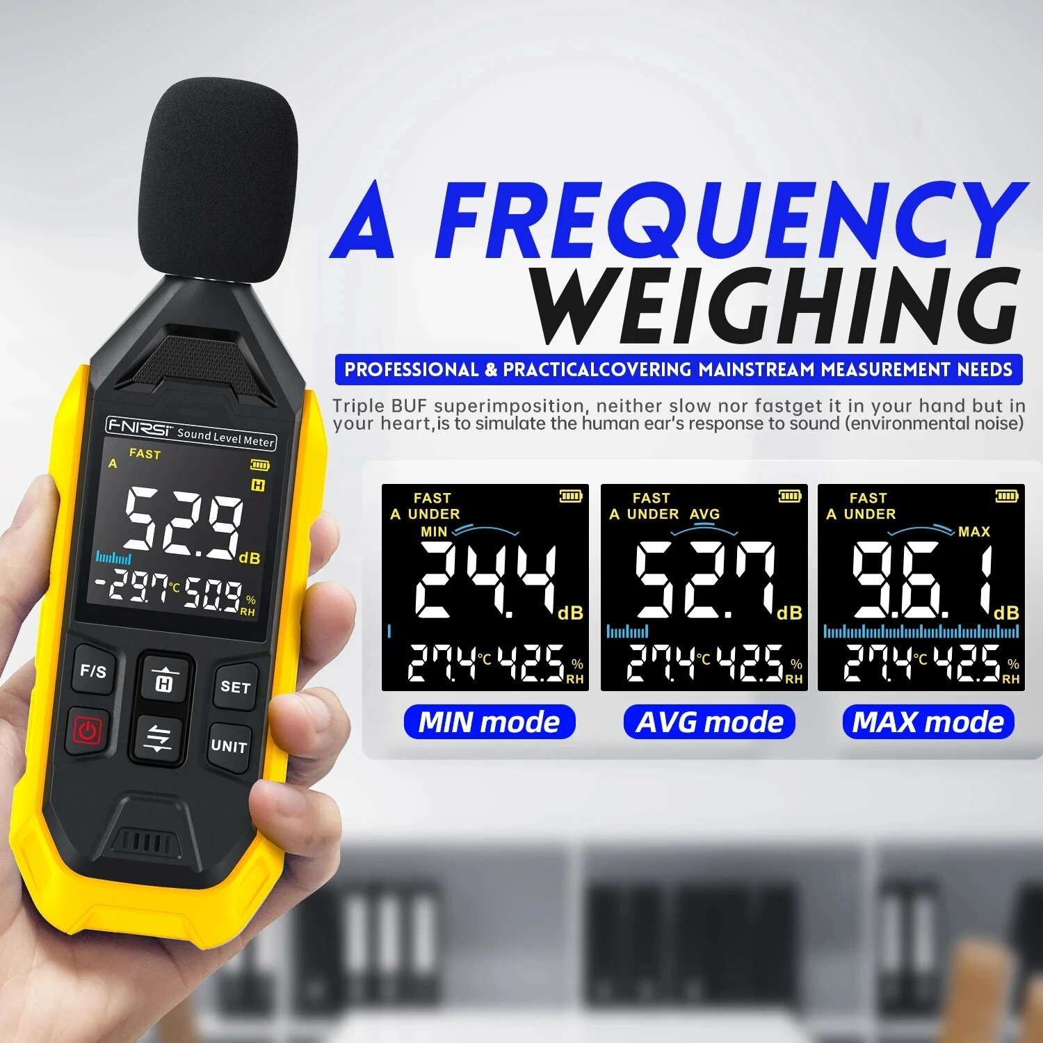 Шумомеры Шумомер FNIRSI FDM01, Ручной цифровой измеритель уровня звука, 30-130 дБ, Yellow
