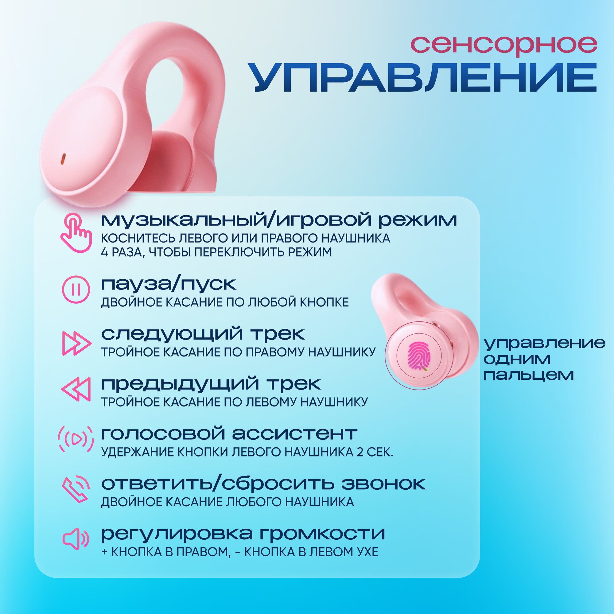 Наушники беспроводные с микрофоном, Bluetooth, USB Type-C, розовый — фото 1