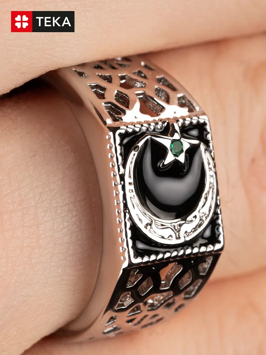 Печатка TEKA, эмаль, фианит, размер 18, серебро — фото 1