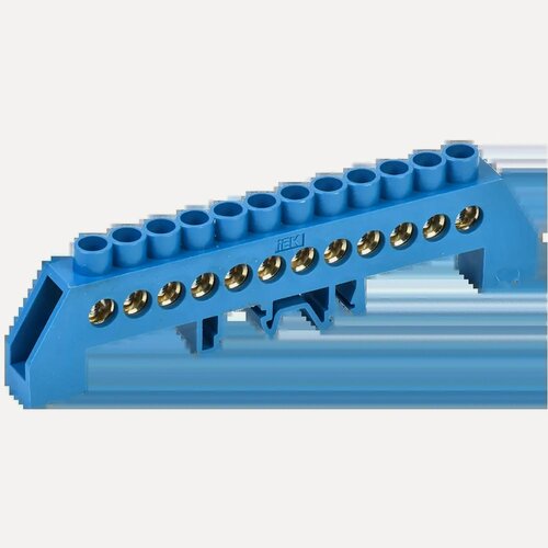 Изображение товара Шина N "ноль" IEK ШНИ-8х12-12-КС-С, латунь, 12 контактов, 125А, 400В, синий, длина 25мм, ширина 129мм