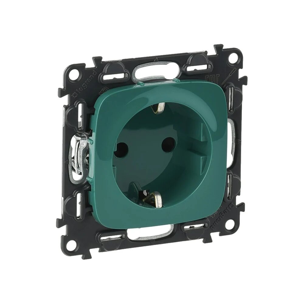 Legrand Valena ALLURE. Силовая розетка 2К+З 16А 250В с защитными шторками. Безвинтовые зажимы. С лицевой панелью. Зеленая. 754982