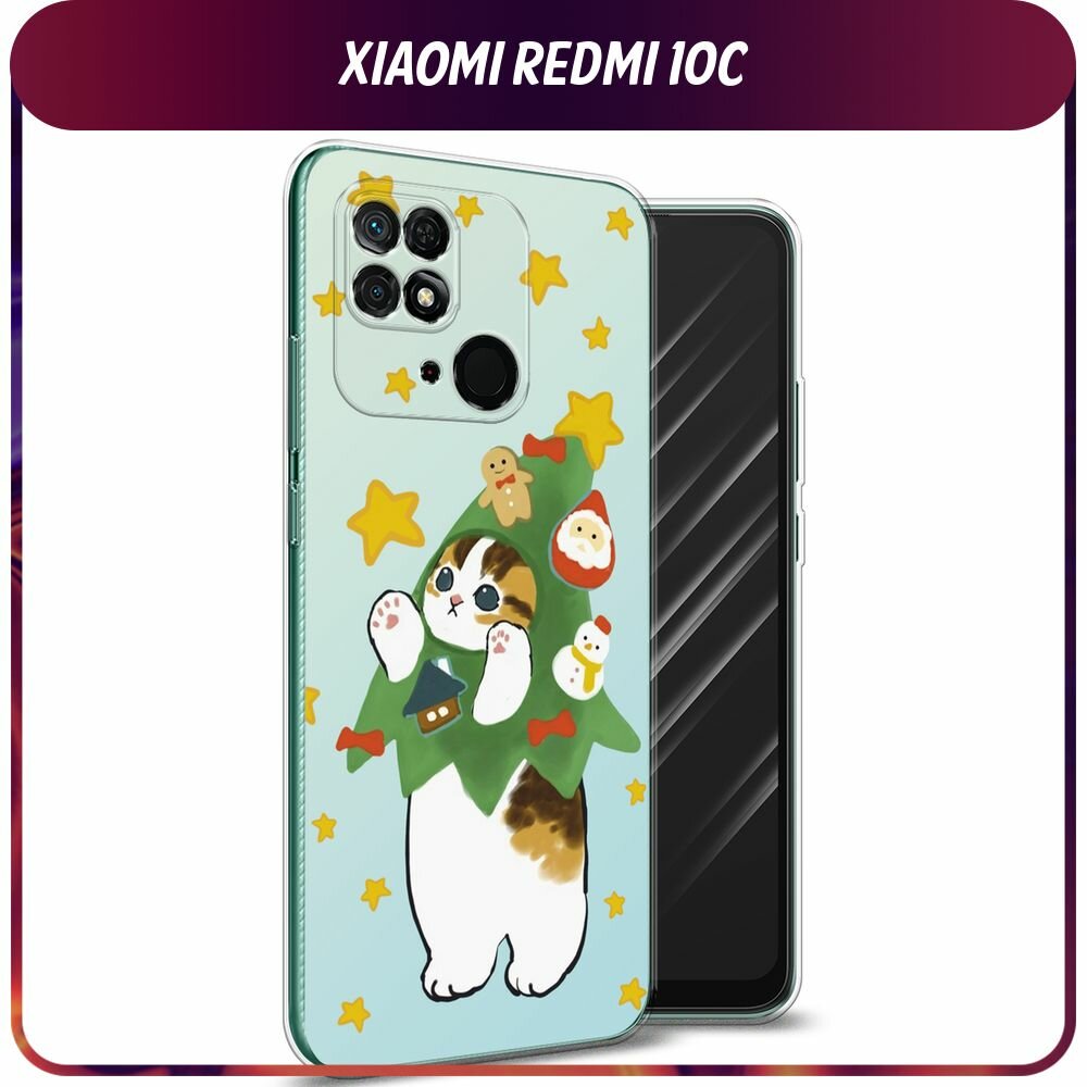 Чехол на Xiaomi Redmi 10C / Сяоми Редми 10C с принтом Котик-ёлочка