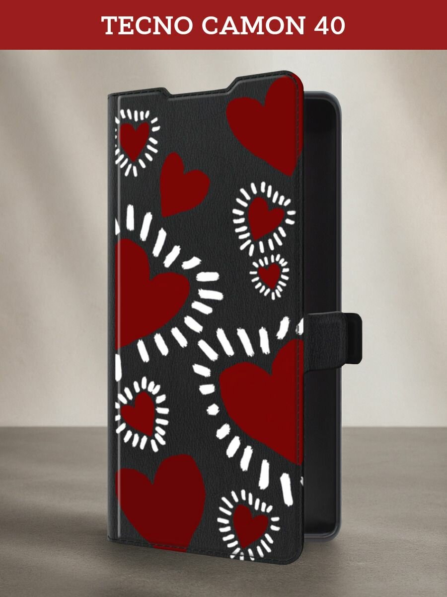 Чехол-книжка на Tecno Camon 40 / Текно Камон 40 с рисунком "Бордовые сердца 2"