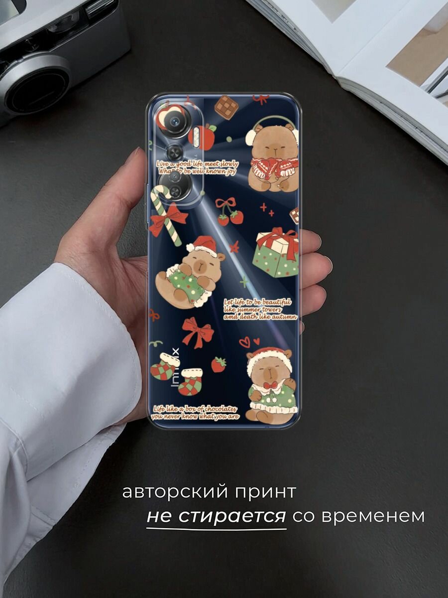 Чехол на Infinix Hot 20 4G / Инфиникс Хот 20 4G с принтом "Капибара перед рождеством", прозрачный — фото 1