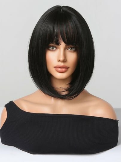 Термостойкий женский парик, синтетические крепления, черные волосы, каре, с челкой