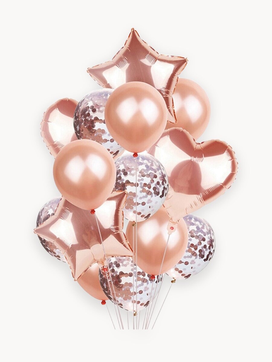 Набор воздушных шаров для праздника, розовый, 14 штук, с блестками, латекс/фольга