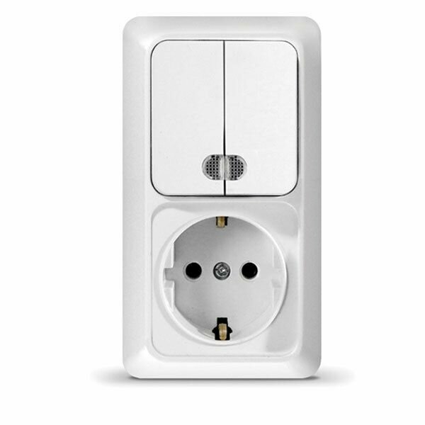 фото Блок "UNIVersal" "Олимп", о/у, выключатель двухклавишный с подсветкой 10А + розетка с/з 16A, 220В, вертикальный белый (еврослот) (АТ1524)