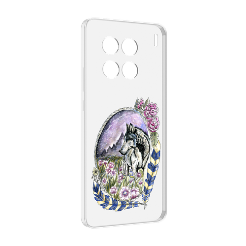 Чехол MyPads нарисованный волк в цветах с перьями для Vivo X90 Pro задняя-панель-накладка-бампер