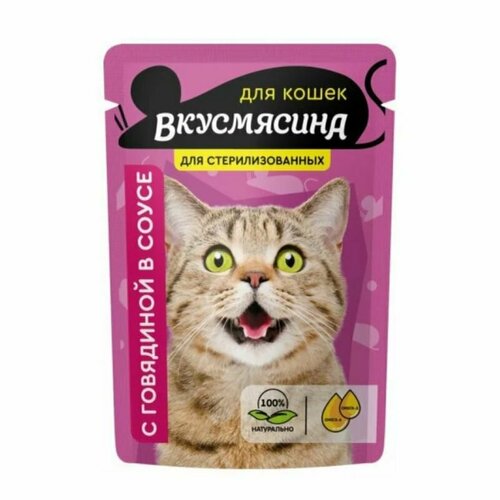 Вкусмясина Пауч для кошек стерилизованных Кусочки с говядиной в соусе, 85 г, 12 уп