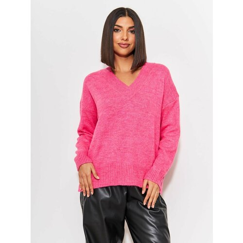 Джемпер, длинный рукав, оверсайз, вязаный, размер onesize, розовый