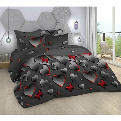 Постельное белье, yason-tex, бязь, серый, красный, сердца, 