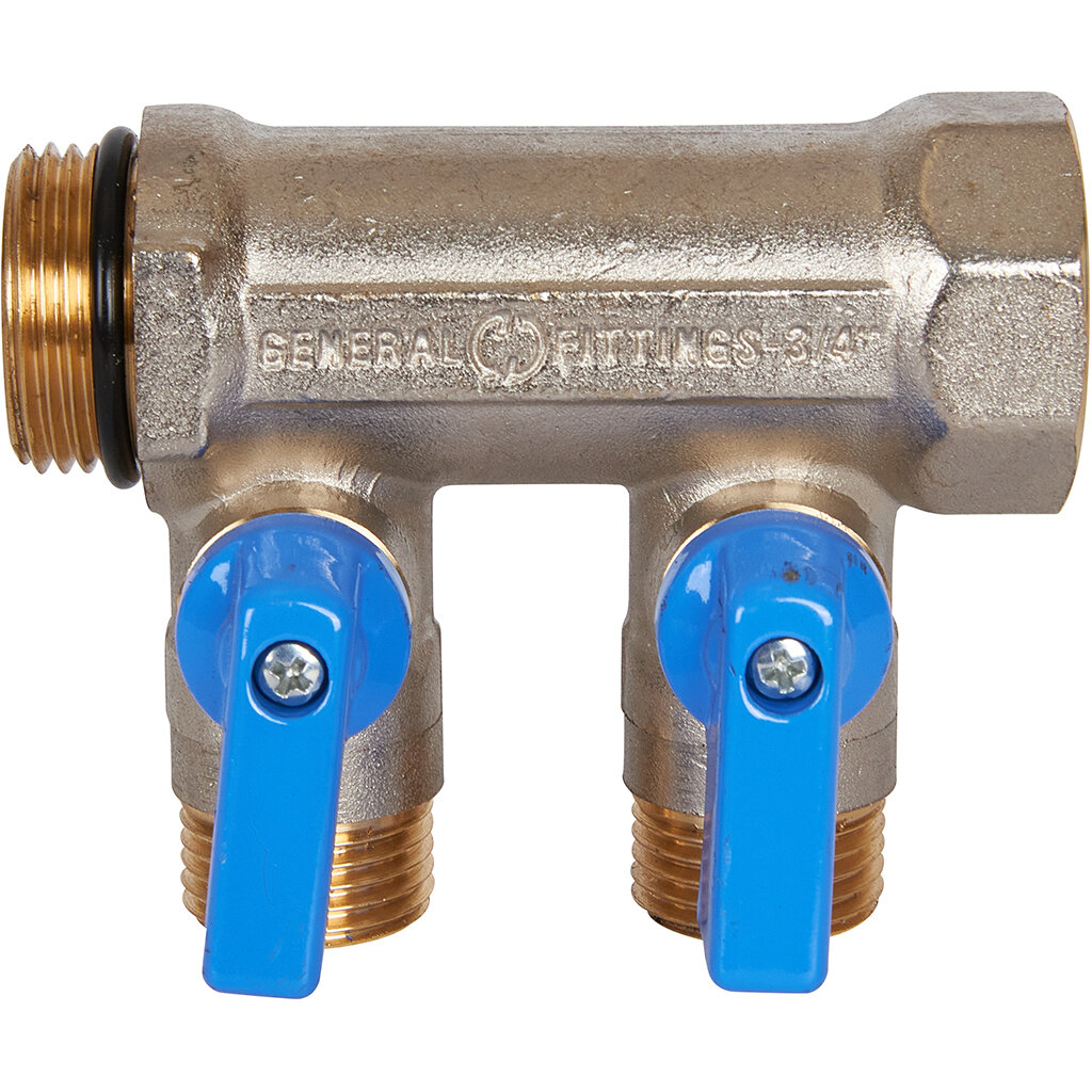 фото Коллектор STOUT с шаровыми кранами 3/4", 2 отвода 1/2" (синие ручки) кольцо EPDM, SMB 6211 341202