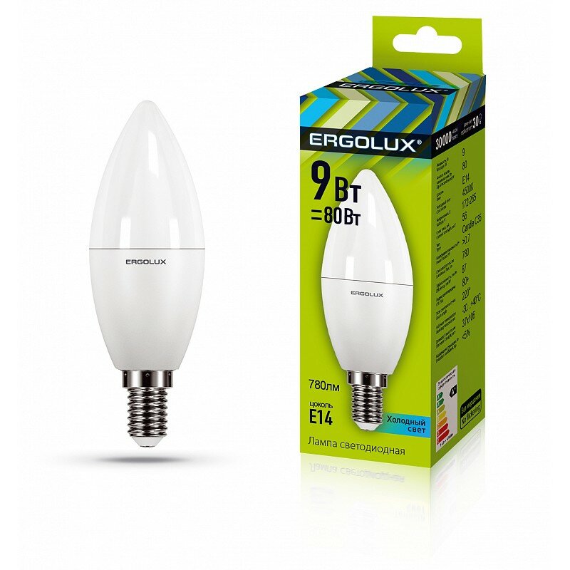 Ergolux LED-C35-9W-E14-4K (Эл. лампа светодиодная Свеча 9Вт E14 4500K 172-265В), цена за 1 шт.
