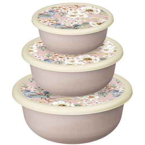 Набор мисок 3 штуки (1,2 л + 2,1 л + 3,2 л) ULMI plastic с декоративными крышками, бежевые