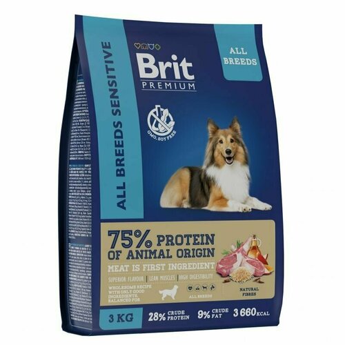 Брит Premium Dog Sensitive с ягненком и индейкой для взрослых собак всех пород с чувствительным пищеварением, 3 кг brit premium сухой корм с ягненком и индейкой sensitive для собак всех пород 15кг