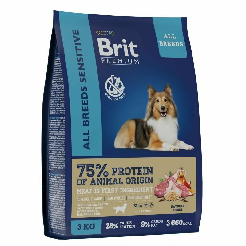 Брит Premium Dog Sensitive с ягненком и индейкой для взрослых собак всех пород с чувствительным пищеварением, 3 кг