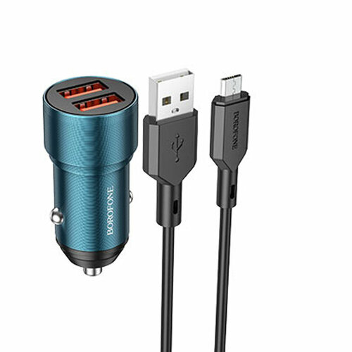 Блок питания автомобильный 2 USB Borofone BZ19, Wisdom, 12Вт, кабель микро USB, цвет: синий